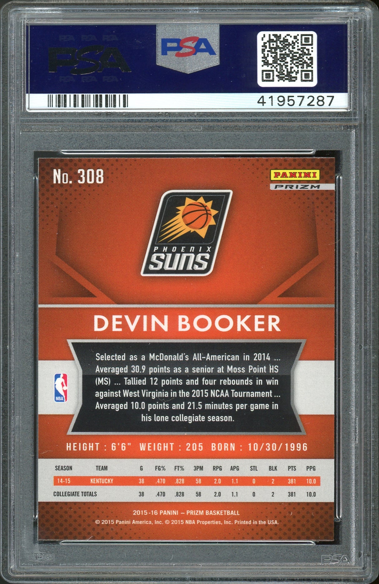 Suns Devin Booker 2015 Panini Prizm Flash #308 Rookie Card Gem 10 PSA Slabbed