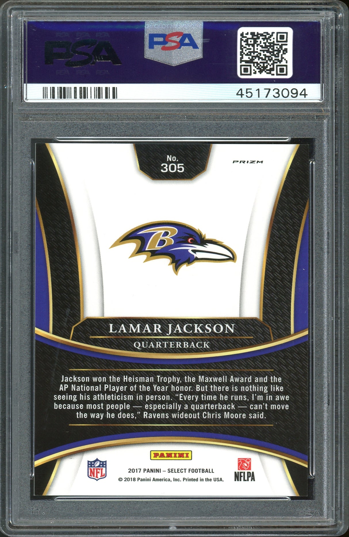 Ravens Lamar Jackson 2017 Panini NFL Draft XRC Prizm #305 Card Grade 10 PSA Slab