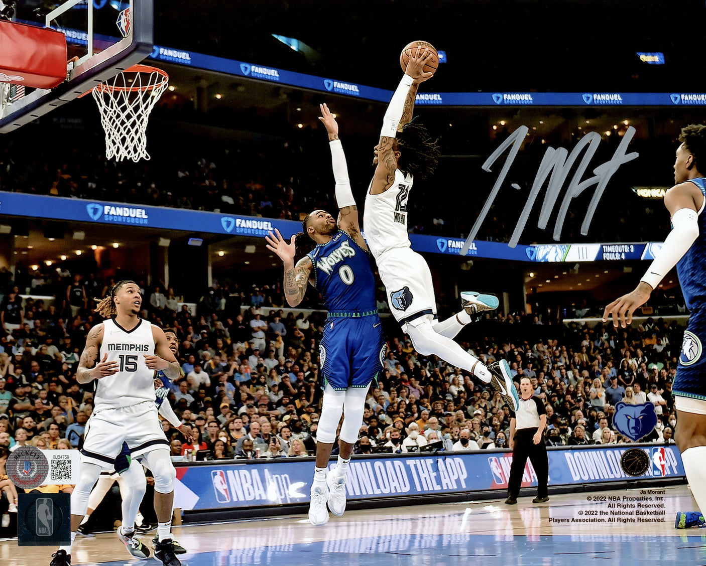 Ja Morant Autographed 8x10 Photo Memphis Grizzlies Beckett BAS QR Stock #218589