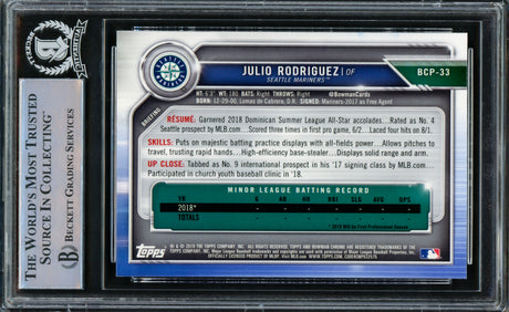 Julio Rodriguez Autographed 2019 Bowman Chrome Prospects Rookie Card #BCP33 Seattle Mariners Beckett BAS Stock #210526