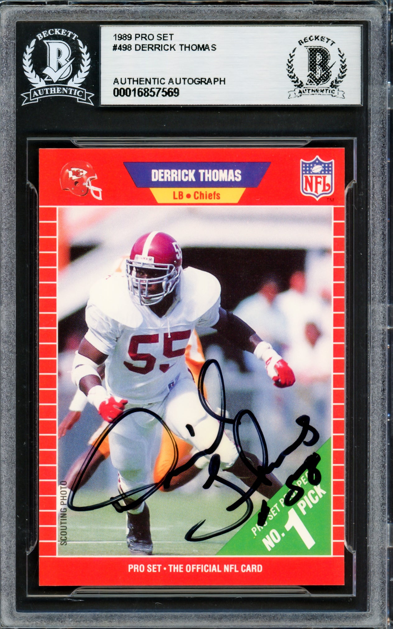 Derrick Thomas Autographed 1989 Pro Set Rookie Card #498 Kansas City Chiefs Beckett BAS #16857569