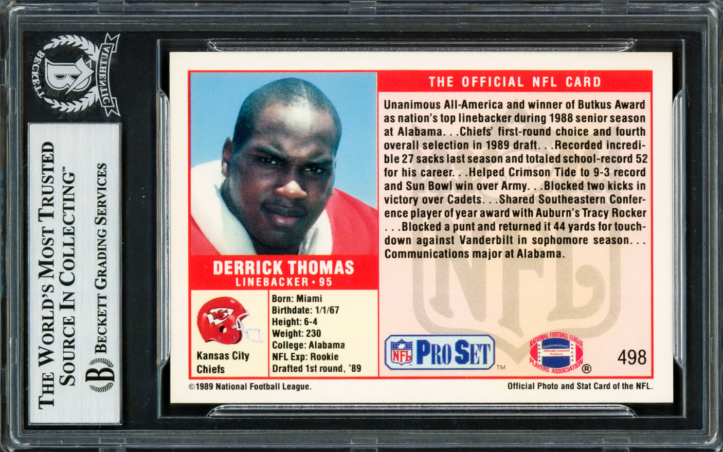 Derrick Thomas Autographed 1989 Pro Set Rookie Card #498 Kansas City Chiefs Beckett BAS #16857569