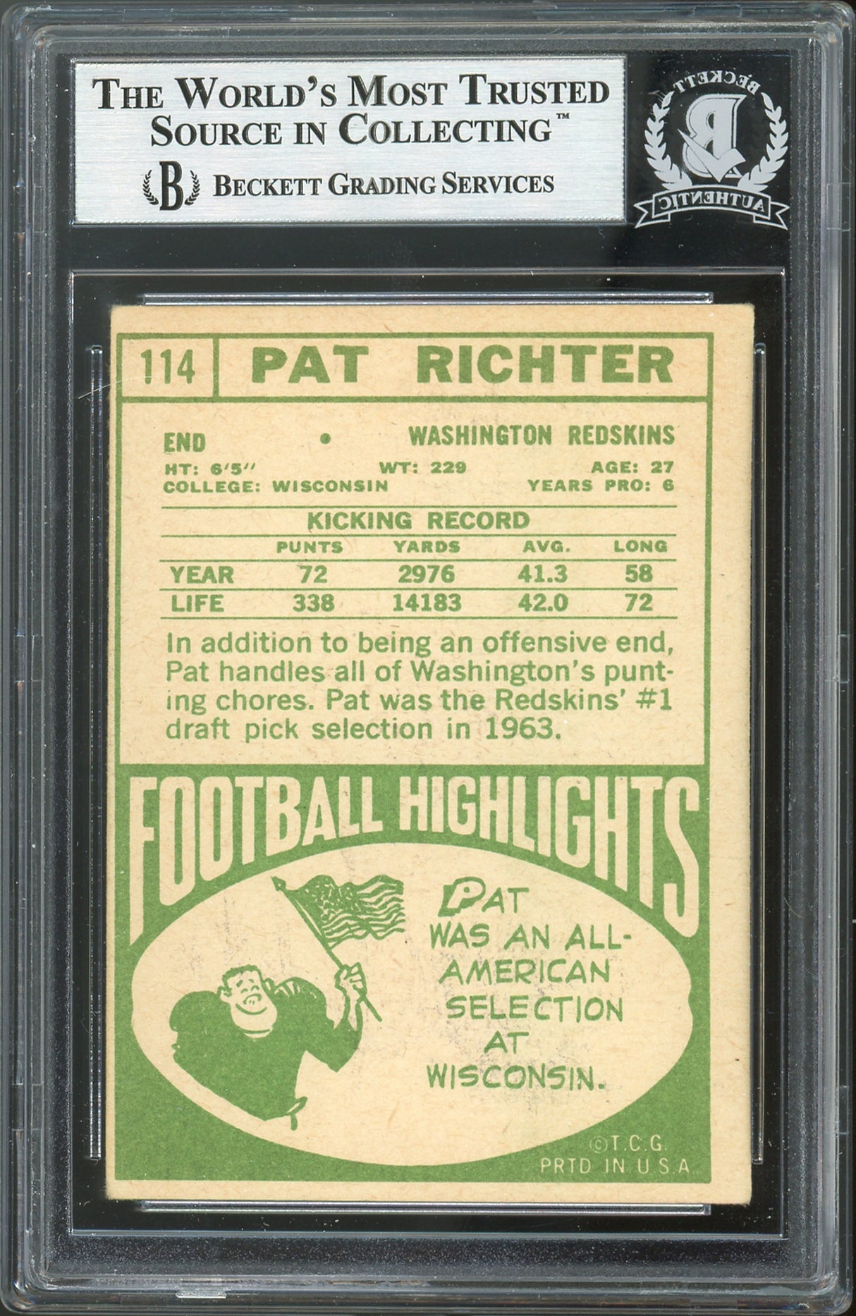 Redskins Pat Richter Authentic Signed 1968 Topps #114 Card BAS Slabbed