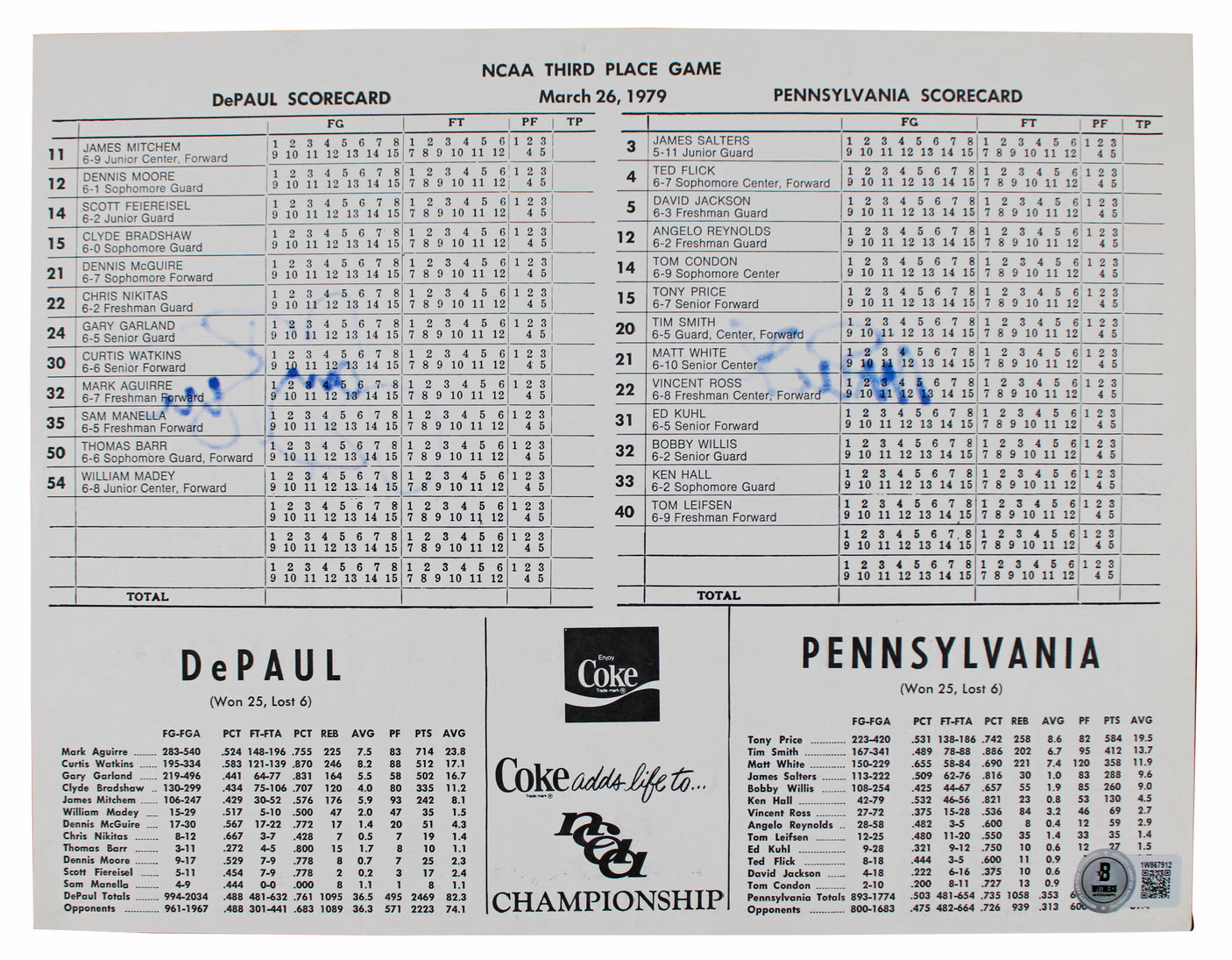 Magic Johnson & Larry Bird Signed 1979 NCAA Final Scorecard BAS Wit #1W867912