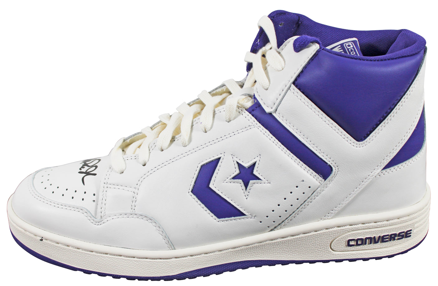 Magic Johnson Signed Left Purple & White Converse Weapon Shoe W/ Case BAS Wit 2