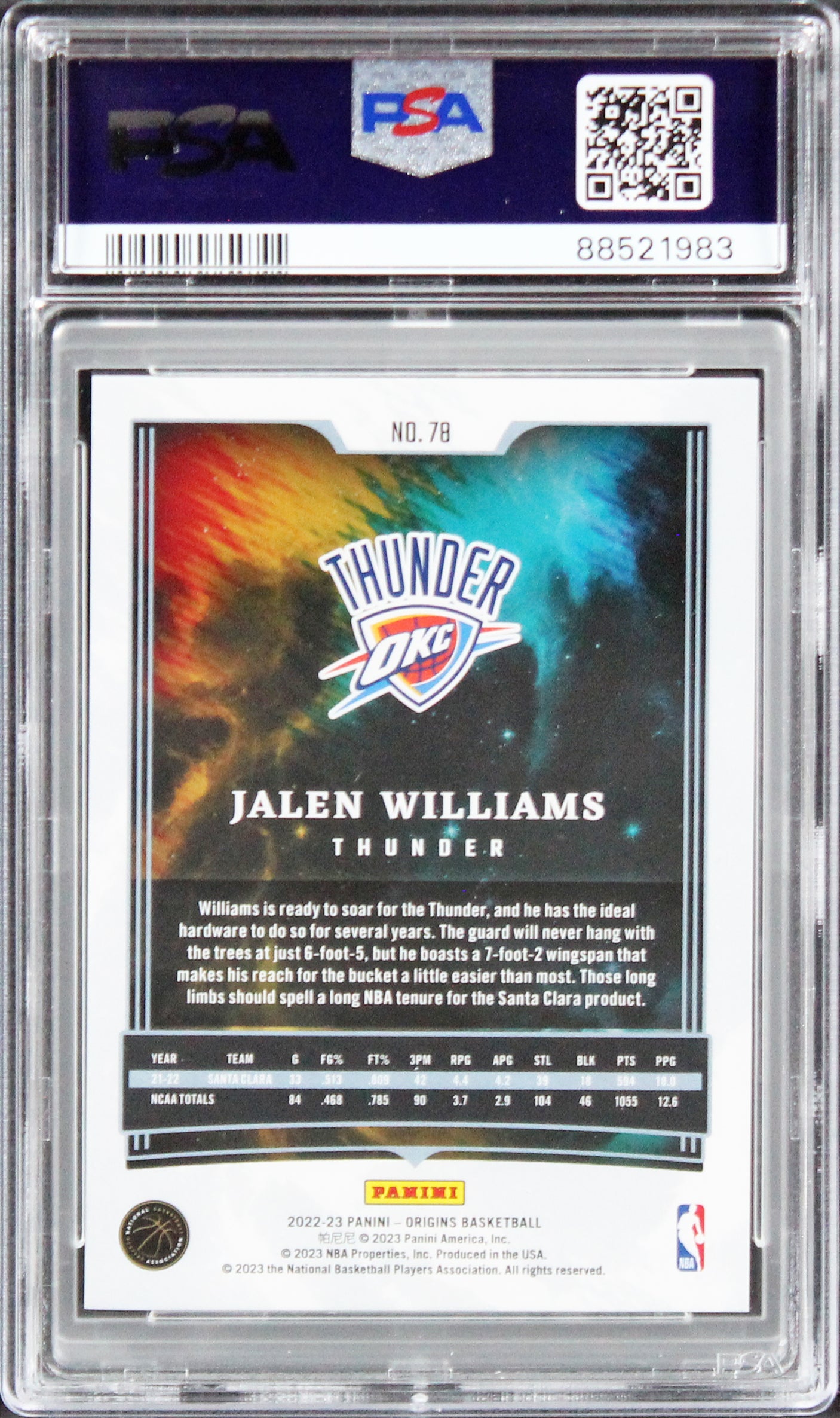 Thunder Jalen Williams Signed 2022 Panini Origins #78 Rookie Card PSA/DNA Slab