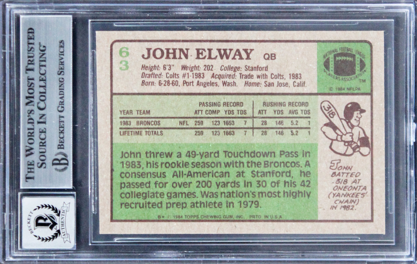 Broncos John Elway "HOF 04" Signed 1984 Topps #63 Rookie Card Auto 10! BAS Slab