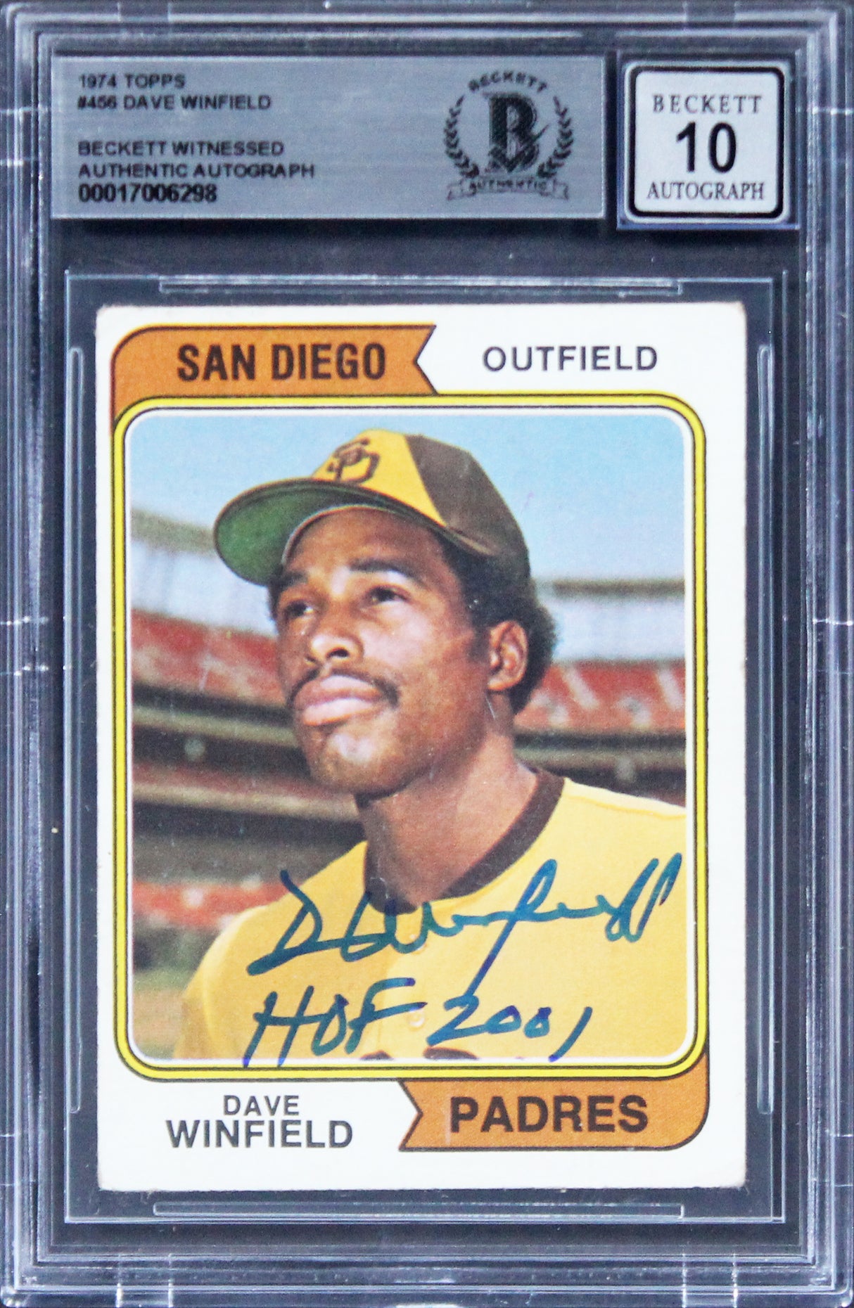 Padres Dave Winfield "HOF 2001" Signed 1974 Topps #456 Card Auto 10! BAS Slab 1