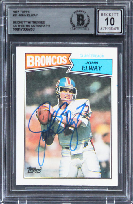 Broncos John Elway Signed 1987 Topps #31 Card Auto Graded Gem 10! BAS Slabbed