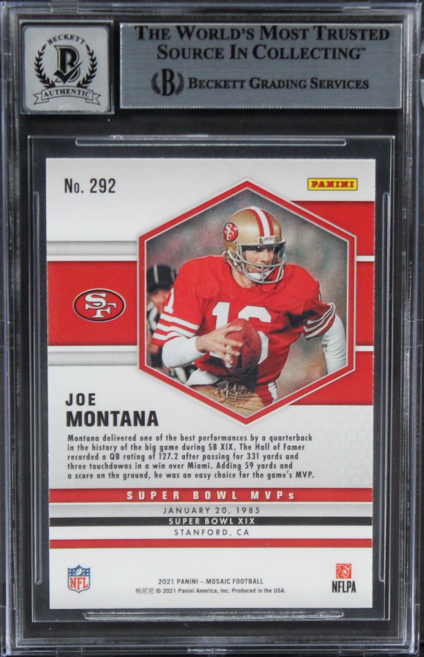 Joe Montana Signed 2021 Panini Mosaic MVP Auto Graded 10! BAS Slabbed