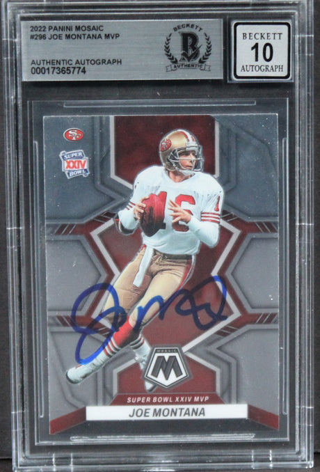 49ers Joe Montana Signed 2022 Panini Mosaic #296 MVP Card Auto 10! BAS Slabbed