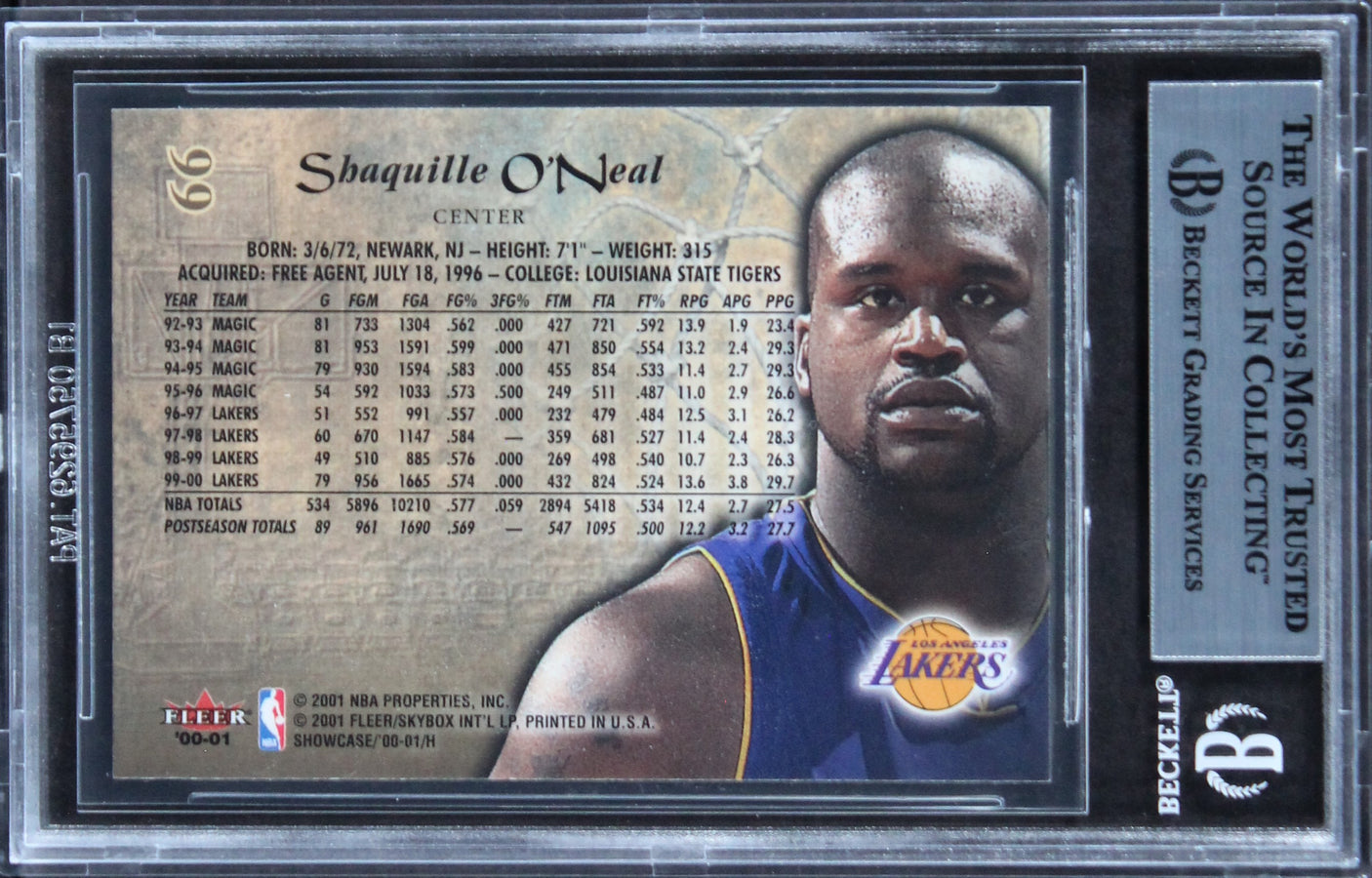 Lakers Shaquille O'Neal Authentic Signed 2000 Fleer Showcase #66 Card BAS Slab