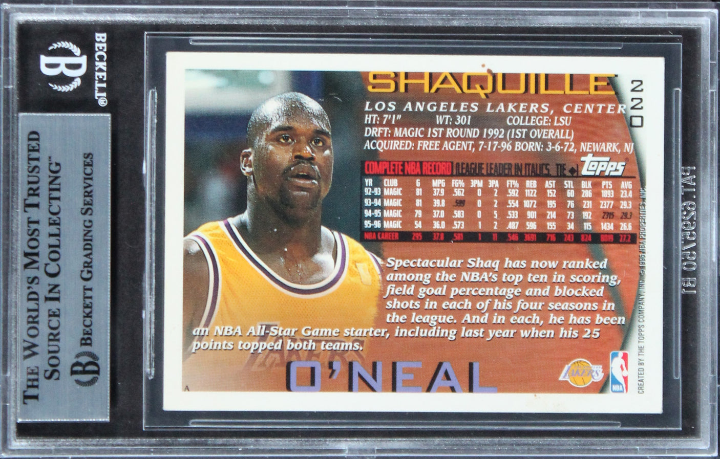 Lakers Shaquille O'Neal Authentic Signed 1996 Topps #220 Card BAS Slabbed