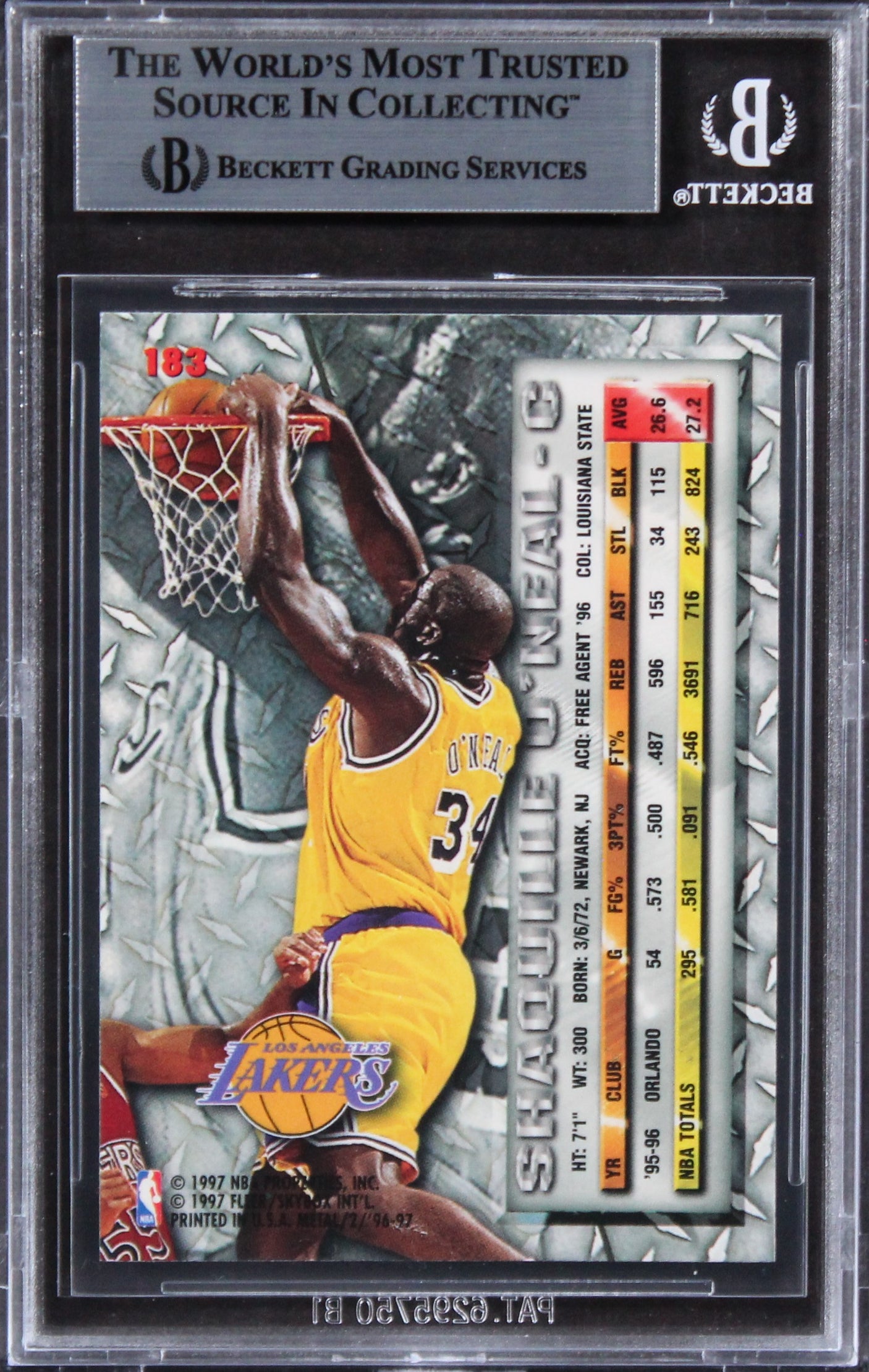 Lakers Shaquille O'Neal Authentic Signed 1996 Metal #183 Card BAS Slabbed