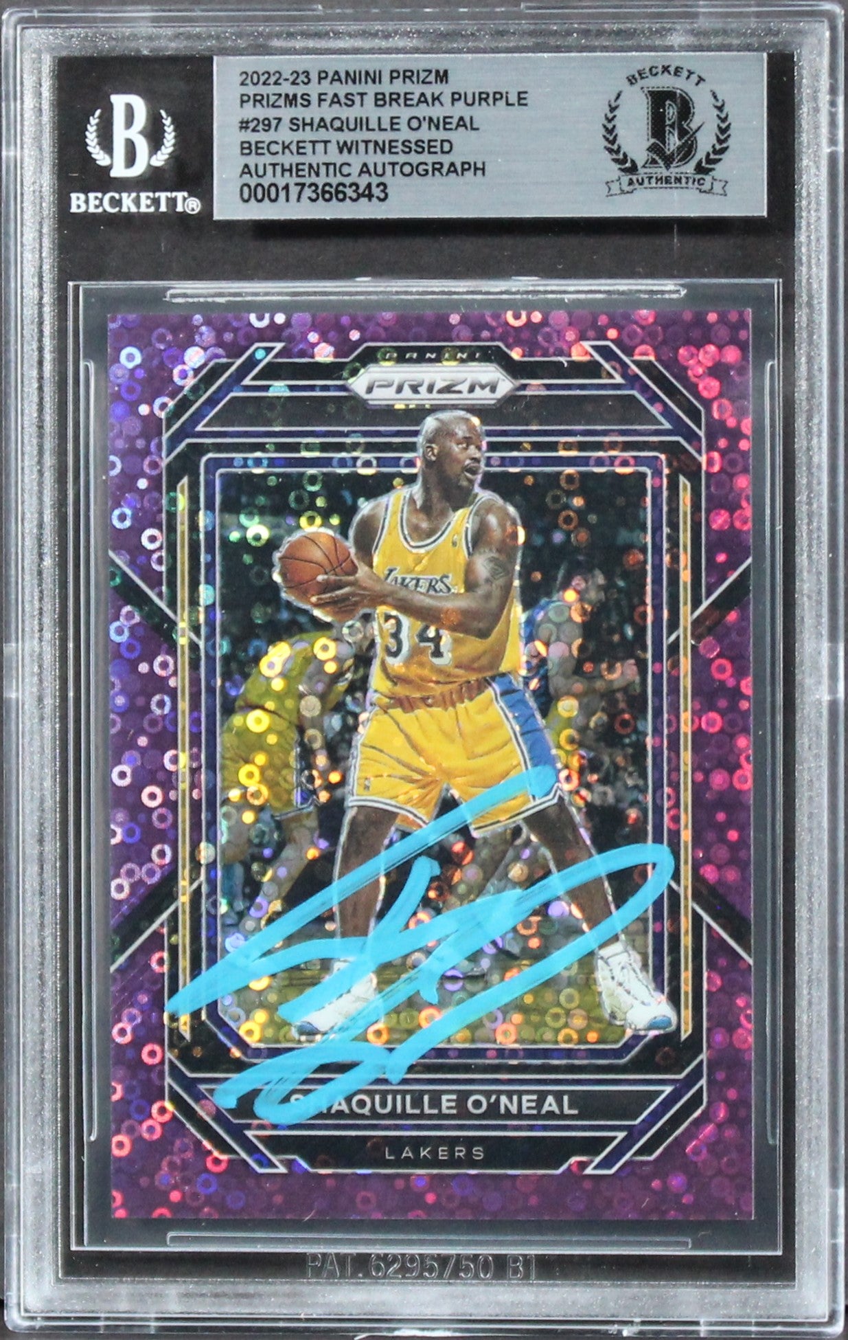 Lakers Shaquille O'Neal Signed 2022 Panini Prizms FB Purple #297 Card BAS Slab