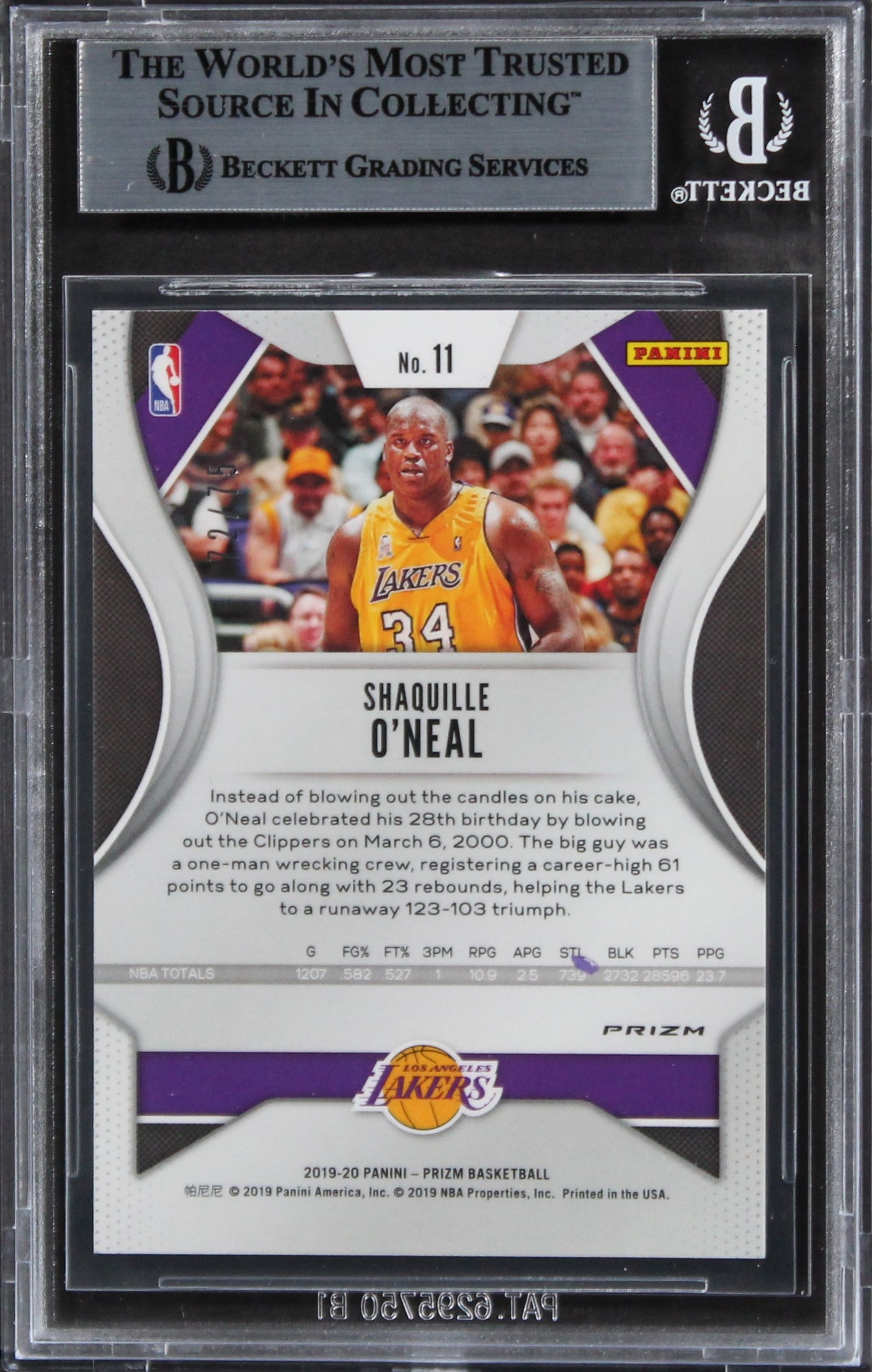 Lakers Shaquille O'Neal Signed 2019 Panini Prizms Purple #11 Card BAS Slabbed