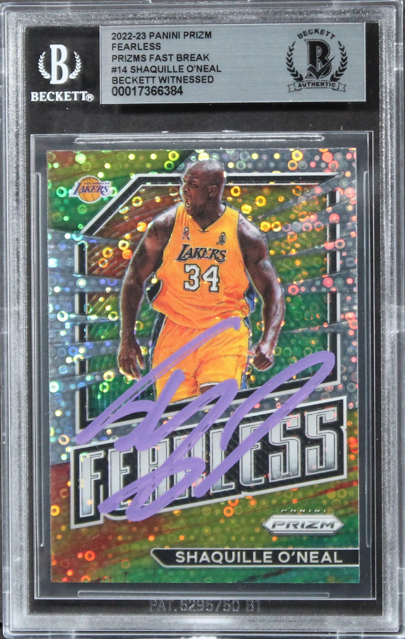 Lakers Shaquille O'Neal Signed 2022 Panini Fearless Prizms FB #14 Card BAS Slab