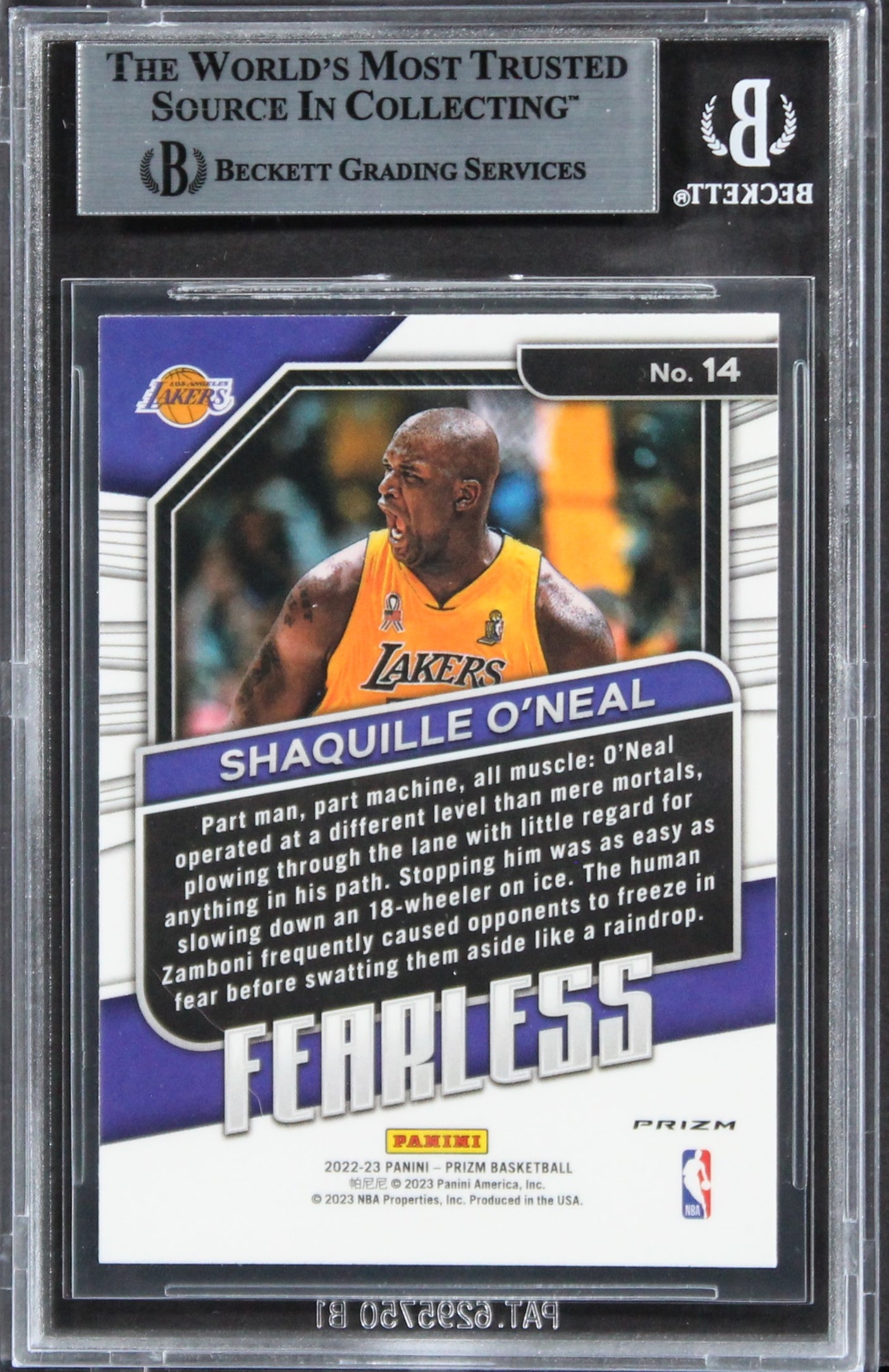 Lakers Shaquille O'Neal Signed 2022 Panini Fearless Prizms FB #14 Card BAS Slab