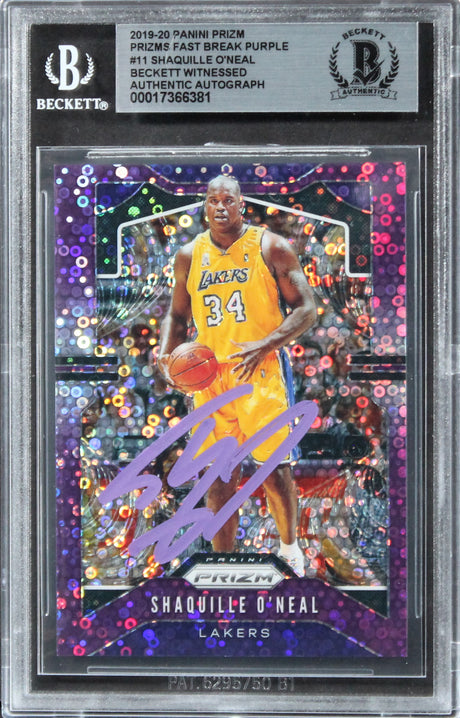 Lakers Shaquille O'Neal Signed 2019 Panini Prizms FB Purple #11 Card BAS Slab