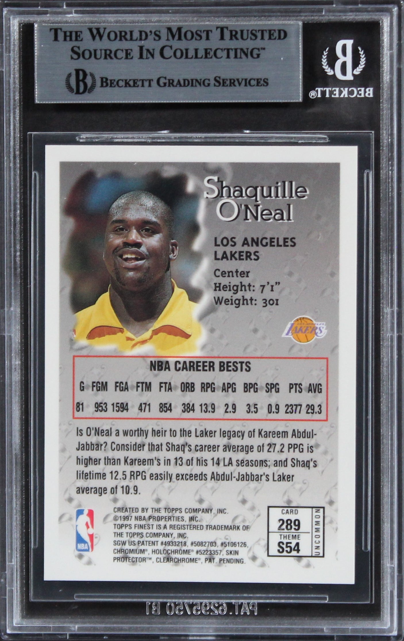 Lakers Shaquille O'Neal Authentic Signed 1996 Finest #289 Card BAS Slabbed