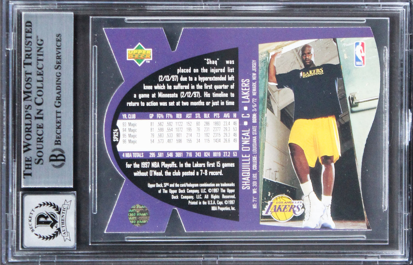 Lakers Shaquille O'Neal Authentic Signed 1997 SPX #24 Card BAS Slabbed