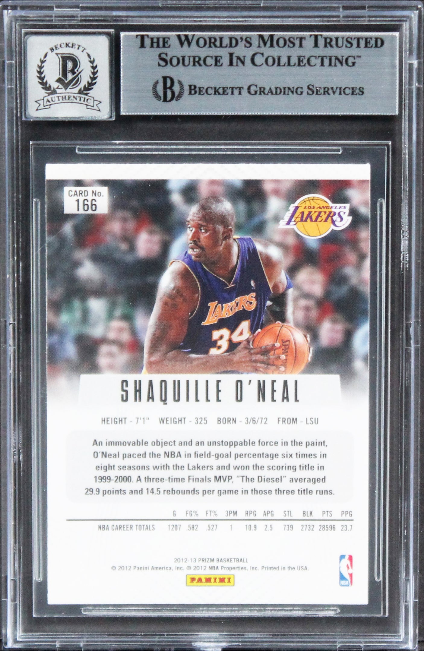 Lakers Shaquille O'Neal Authentic Signed 2012 Panini Prizm #166 Card BAS Slabbed