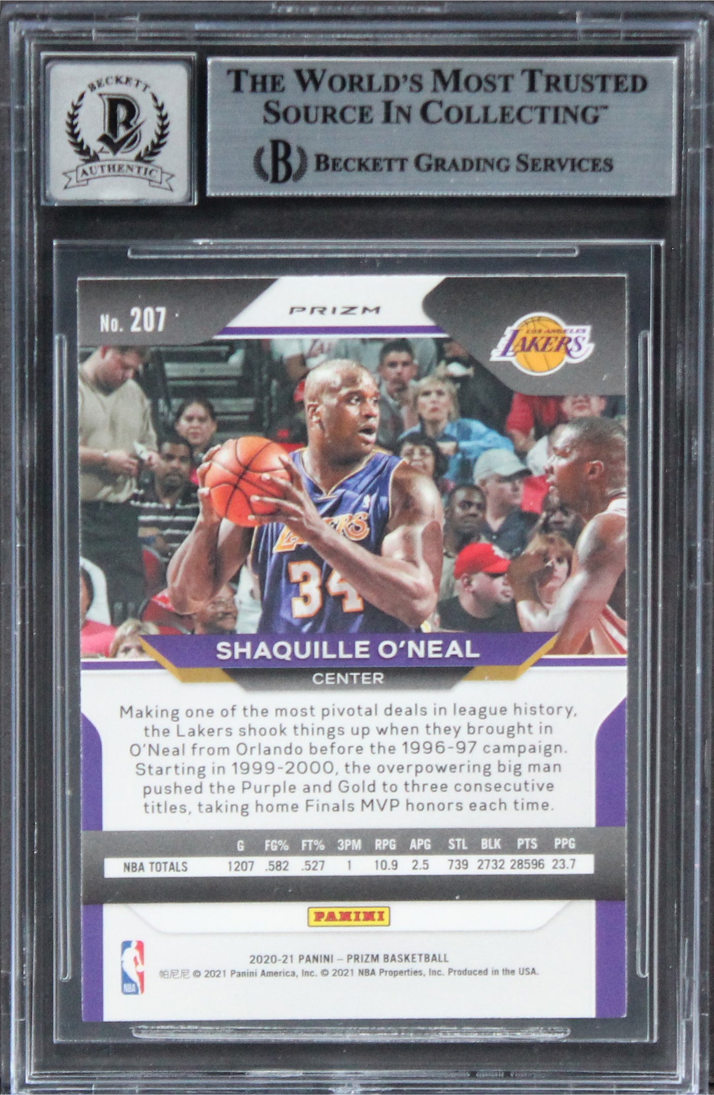 Lakers Shaquille O'Neal Signed 2020 Panini Prizm Prizms Hyper #207 Card BAS Slab