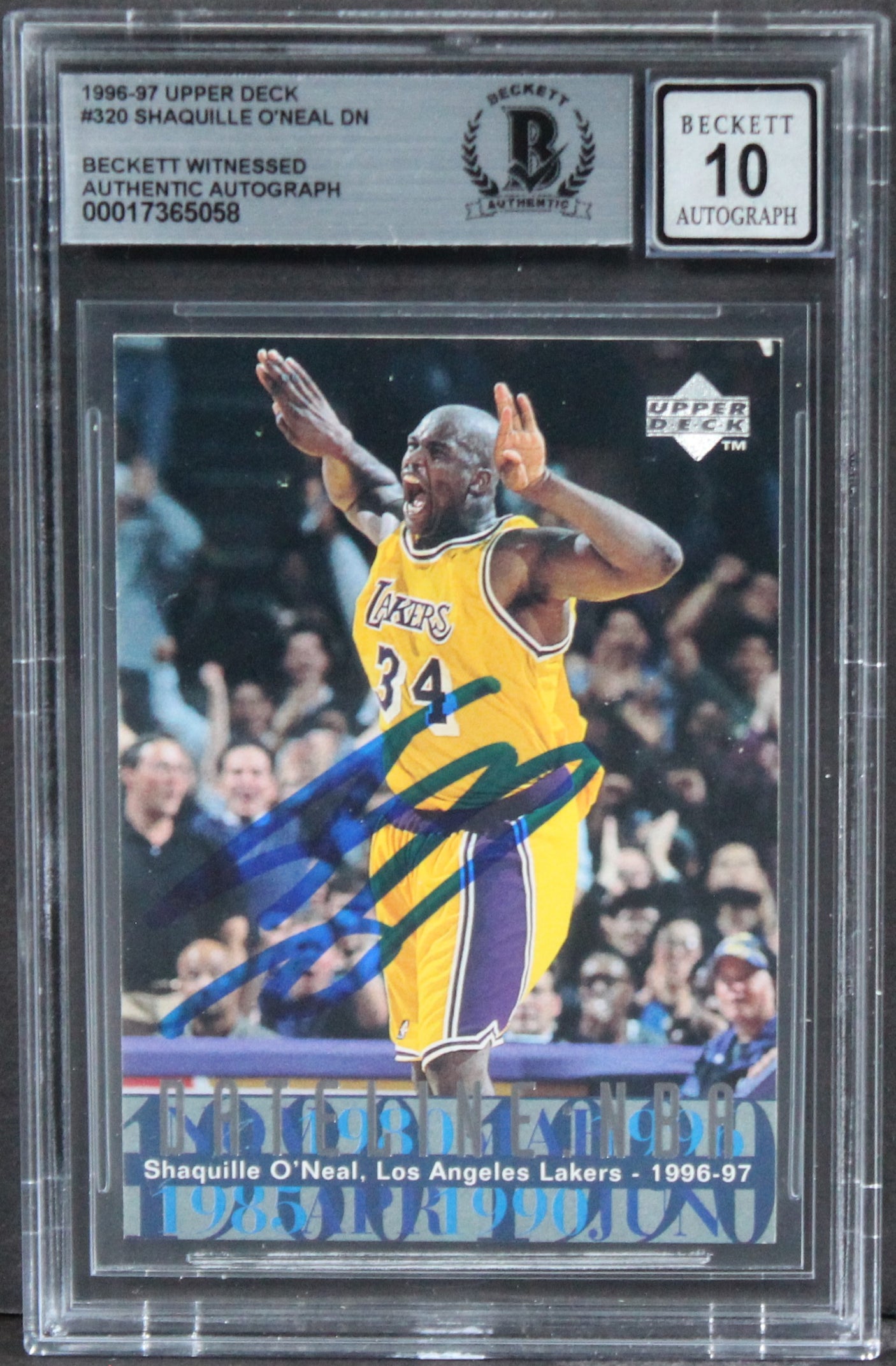 Lakers Shaquille O'Neal Signed 1996 Upper Deck #320 Card AG GM 10! BAS Slab