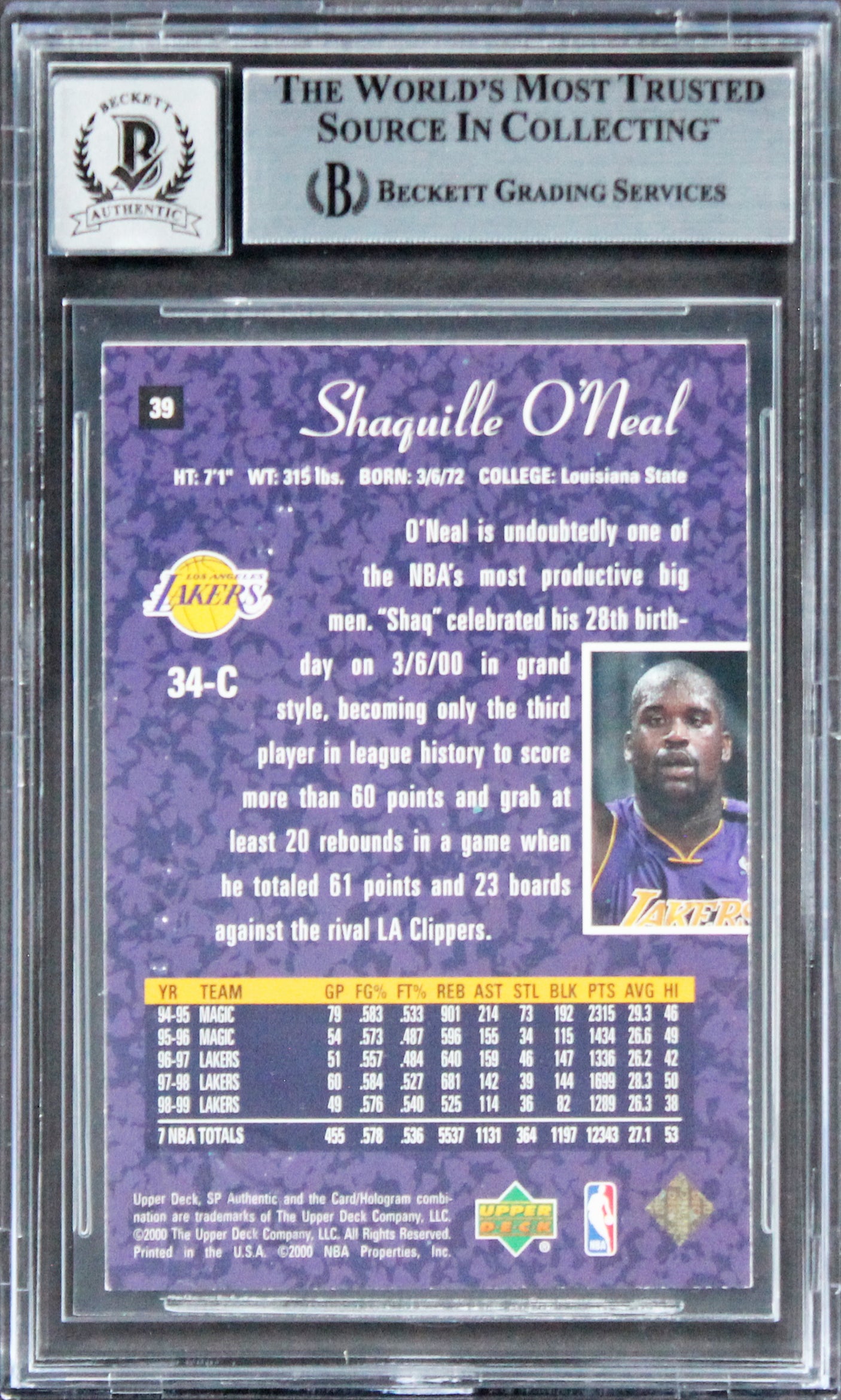 Lakers Shaquille O'Neal Signed 1999 SP Auth #39 Card Auto Graded GM 10! BAS Slab