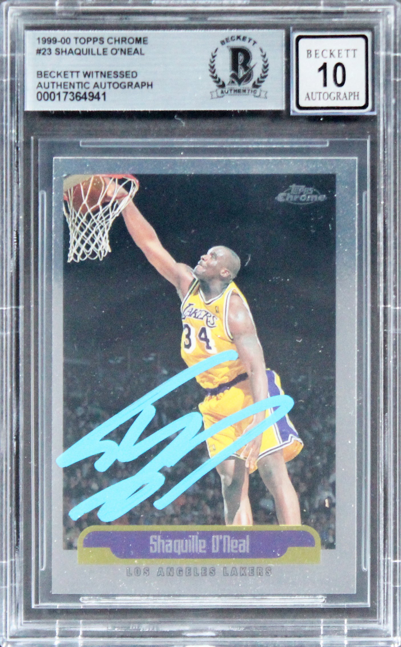 Lakers Shaquille O'Neal Signed 1999 Topps Chrome #23 Card AG GM 10! BAS Slab