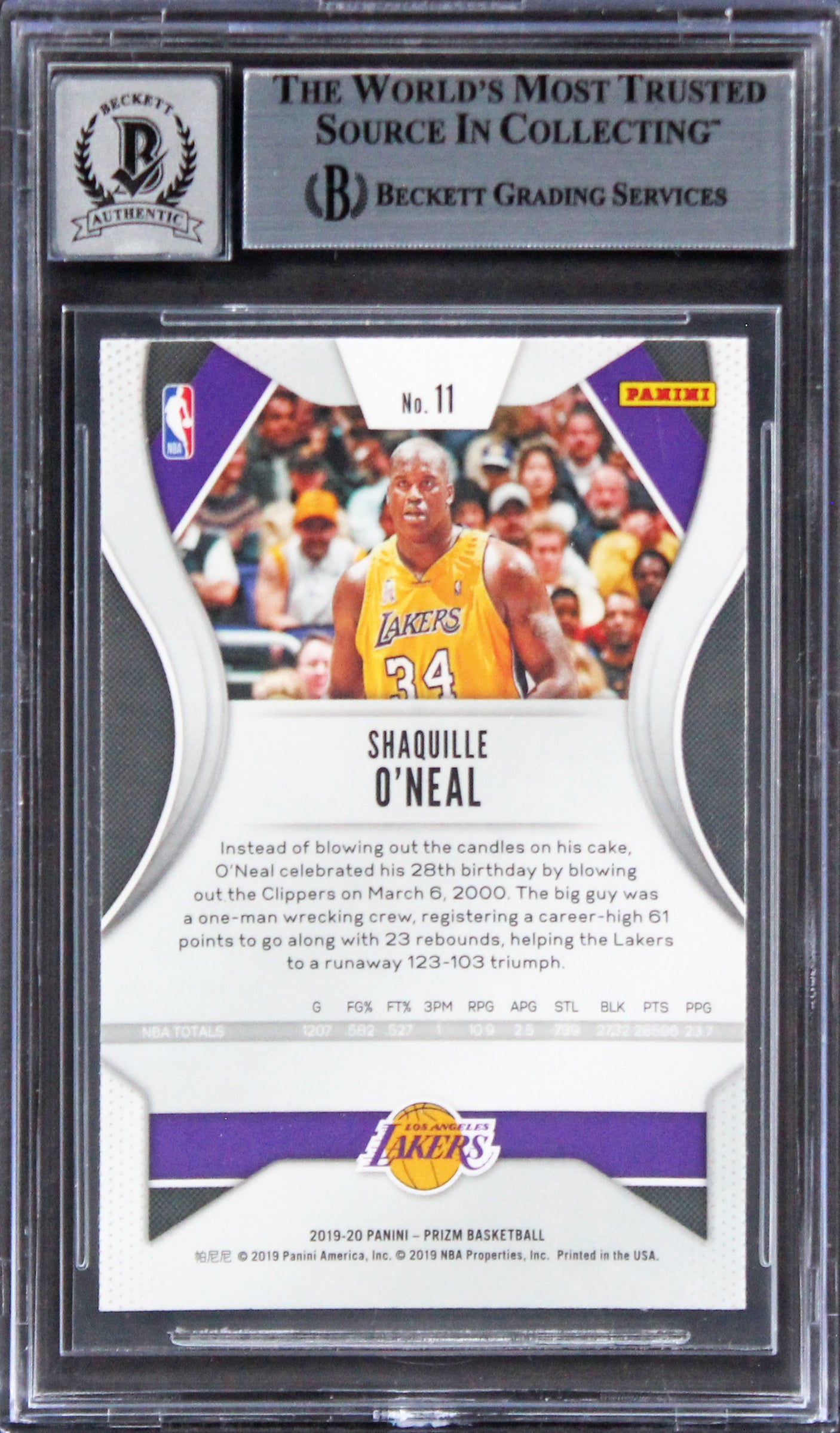 Lakers Shaquille O'Neal Signed 2019 Panini Prizm #11 Card Auto G GM 10! BAS Slab