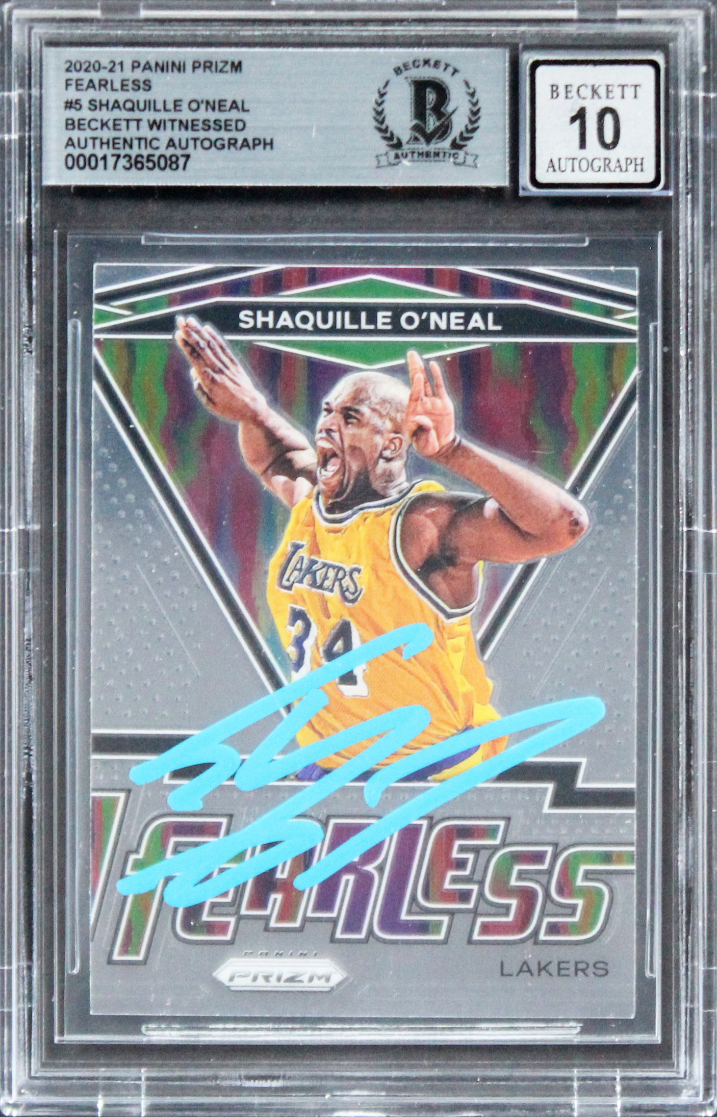 Shaquille O'Neal Signed 2020 Panini Prizm Fearless #5 Card Auto 10! BAS Slabbed