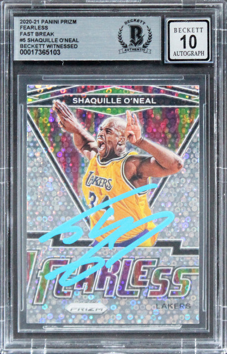 Lakers Shaquille O'Neal Signed 2020 Panini Prizm Fearless FB #5 Card BAS Slab