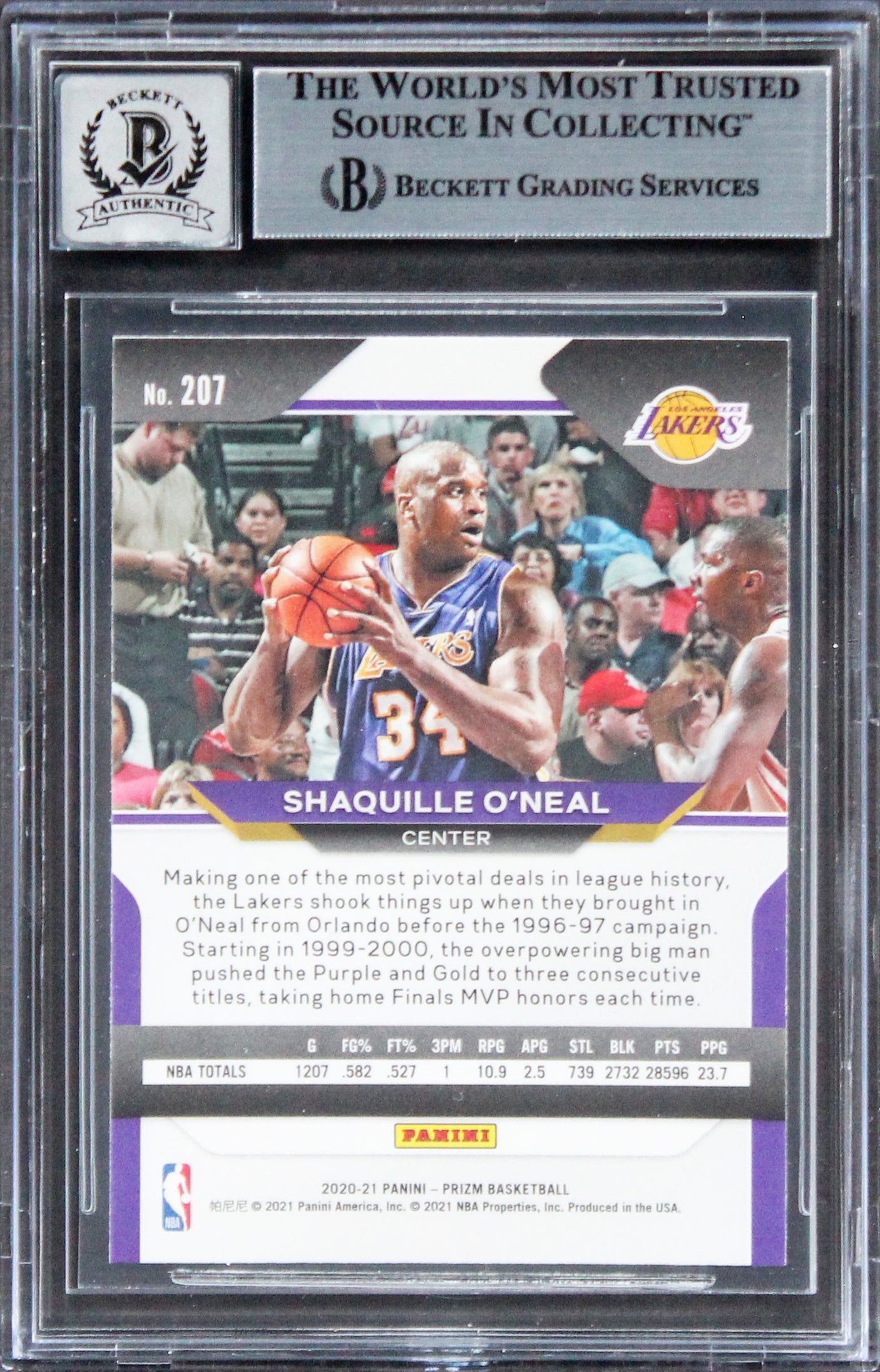 Lakers Shaquille O'Neal Signed 2020 Panini Prizm #207 Card Auto 10! BAS Slabbed