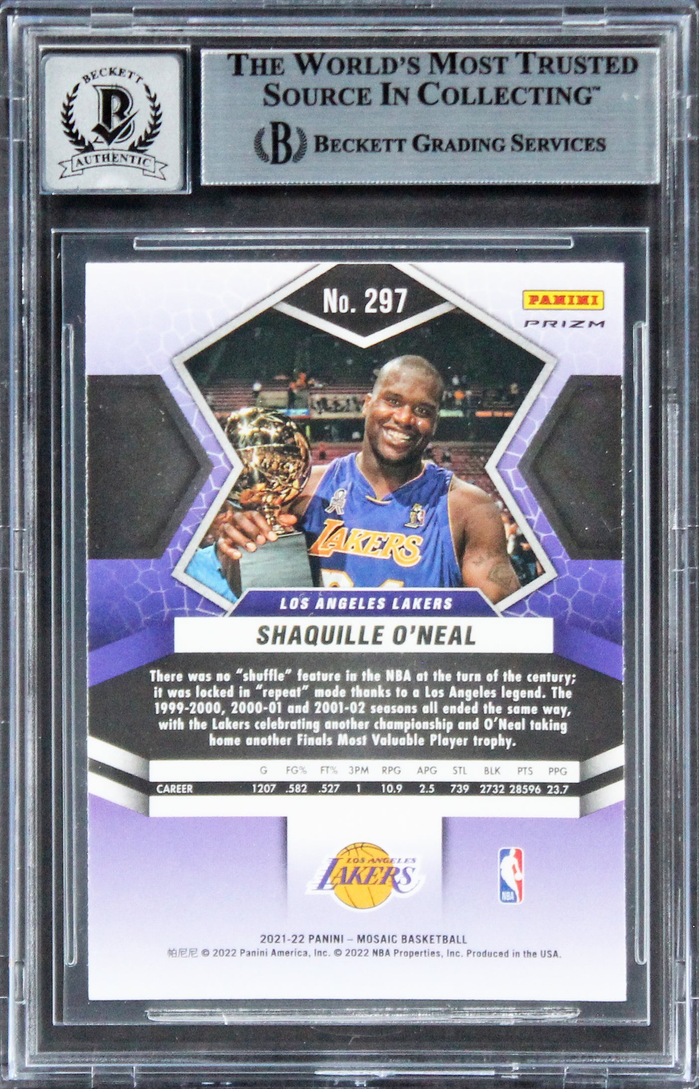 Lakers Shaquille O'Neal Signed 2021 Panini Mosaic Red #297 Card Auto 10 BAS Slab