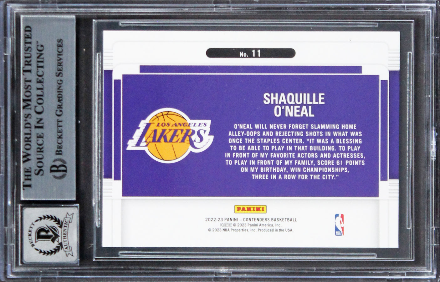 Lakers Shaquille O'Neal Signed 2020 Panini Cntndrs Suite Shots #11 Card BAS Slab