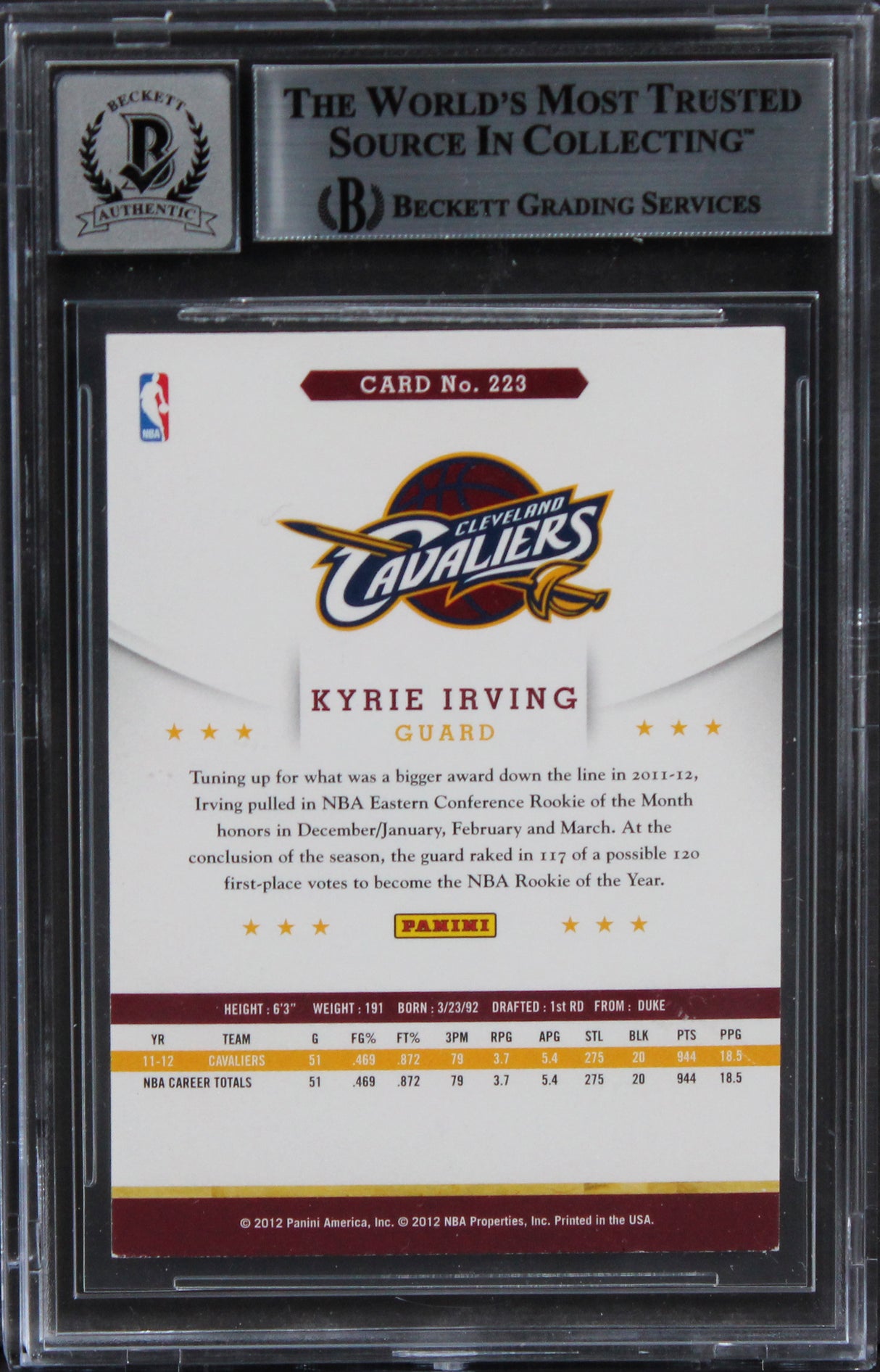 Cavaliers Kyrie Irving Signed 2012 Hoops #223 Rookie Card Auto 10! BAS Slabbed