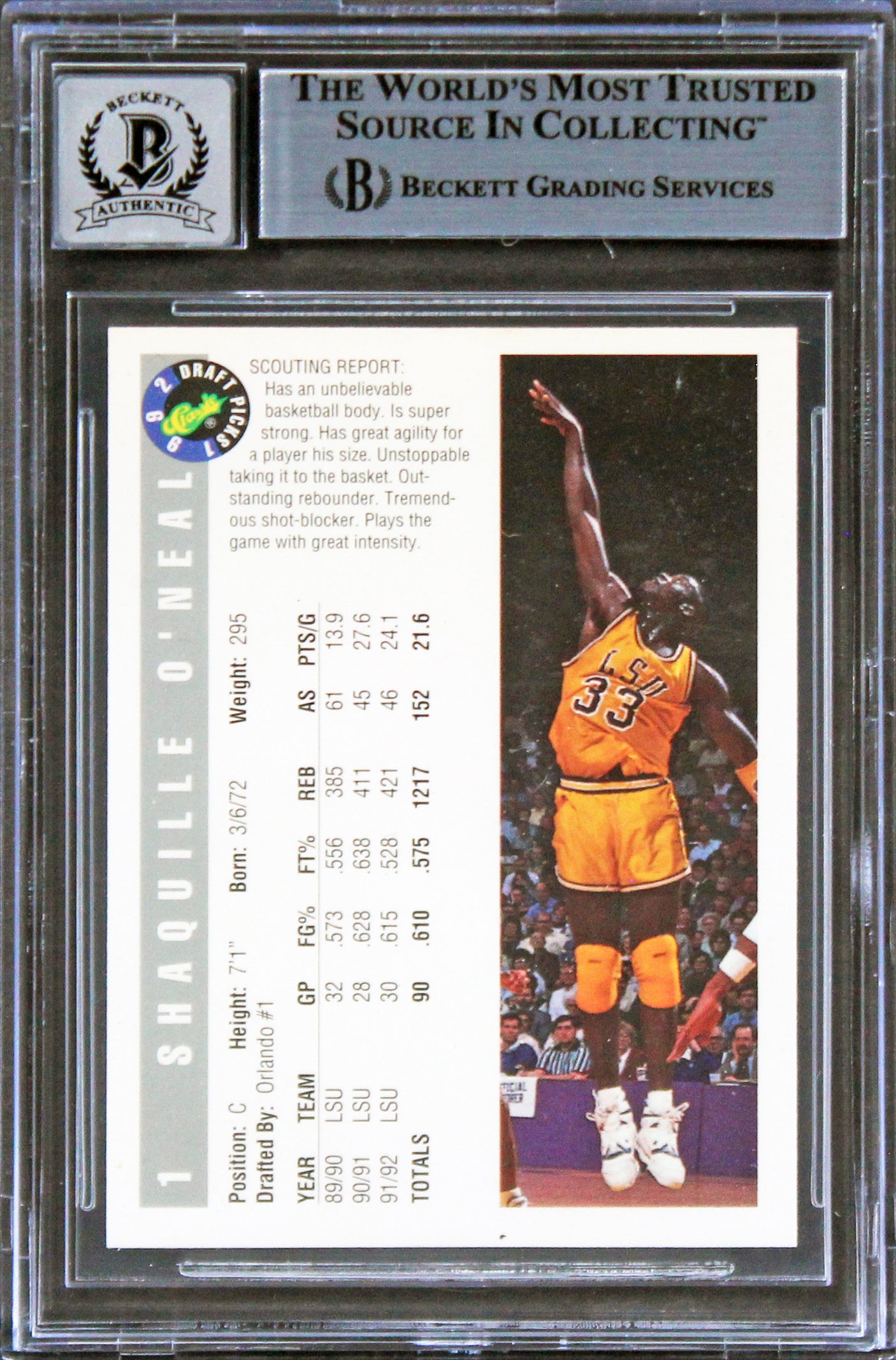 Lakers Shaquille O'Neal Authentic Signed 1992 Classic #1 Card BAS Slabbed