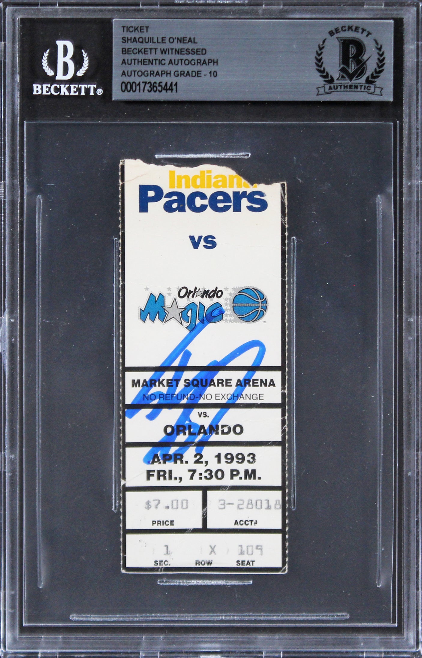 Magic Shaquille O'Neal Signed 1993 Ticket Stub Auto Graded Gem 10! BAS Slabbed