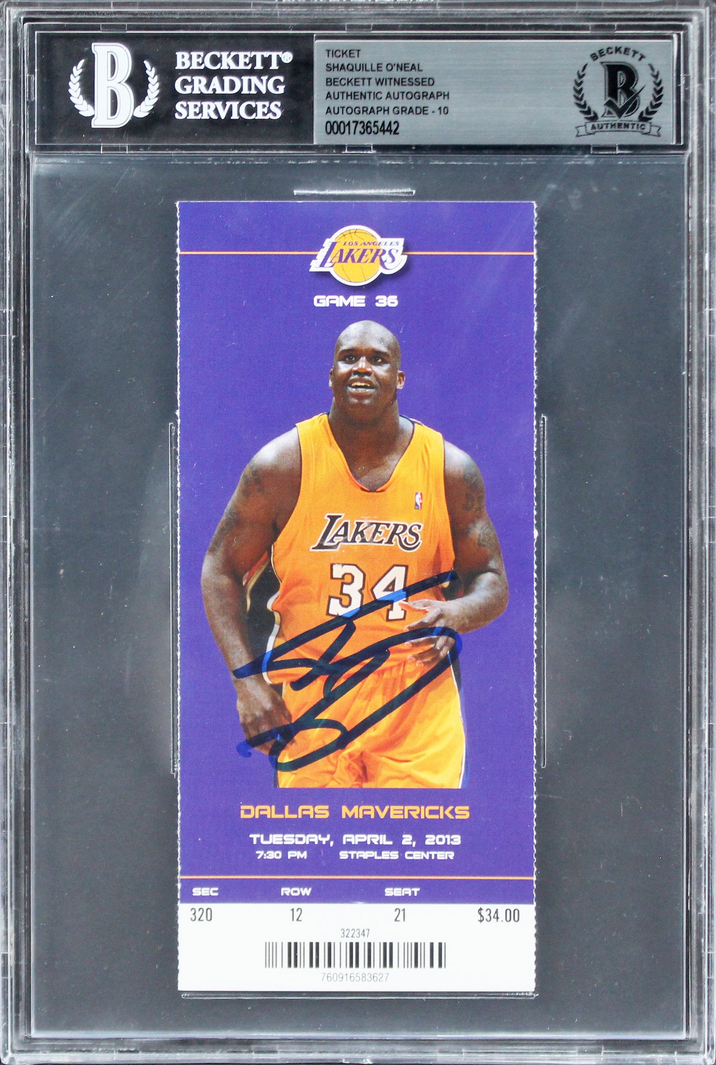 Shaquille O'Neal Signed 4/2/13 #34 Retirement Ticket Stub Auto 10! BAS Slabbed 2