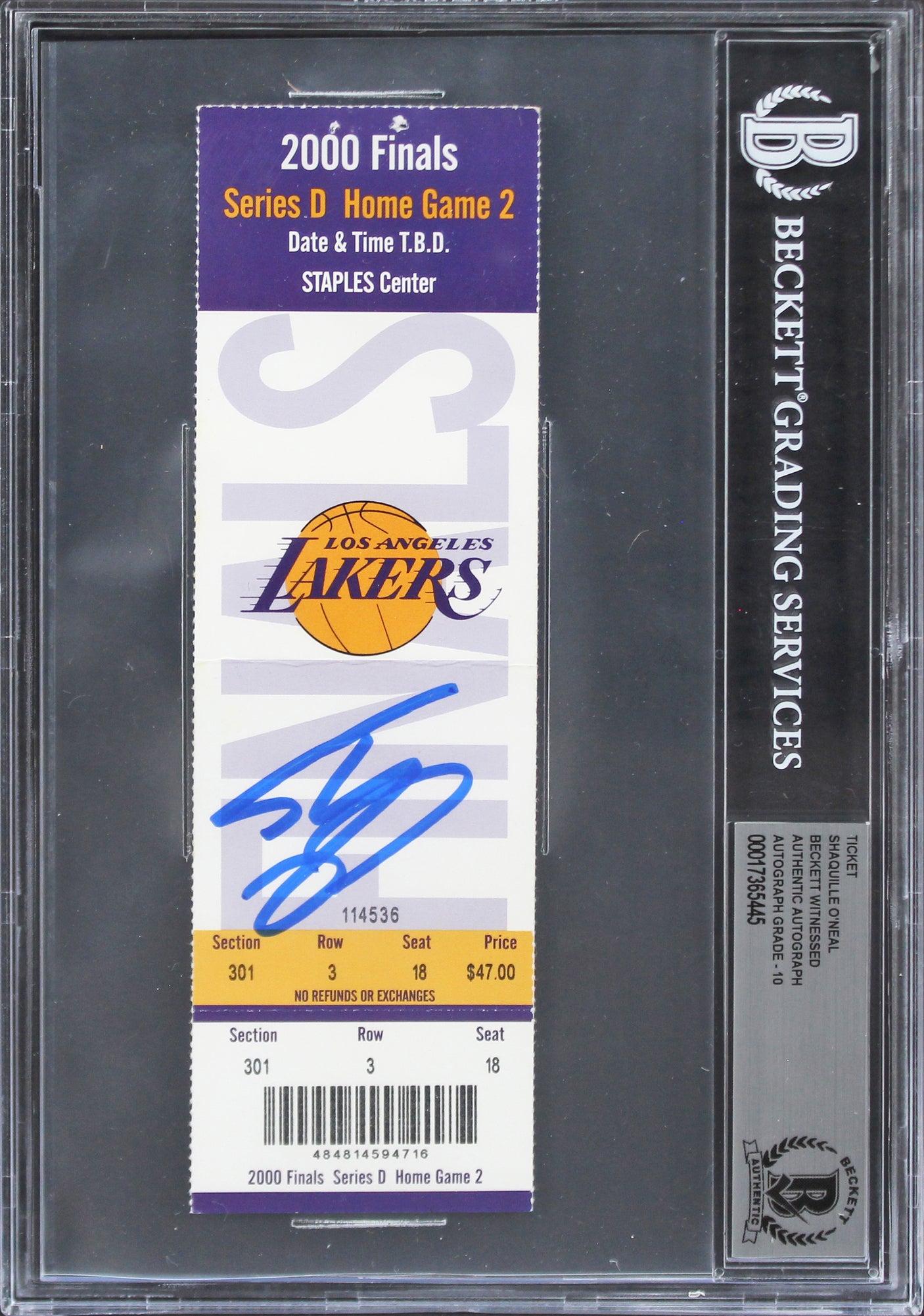 Lakers Shaquille O'Neal Signed 2000 NBA Finals Game 2 Ticket Auto 10! BAS Slab 2