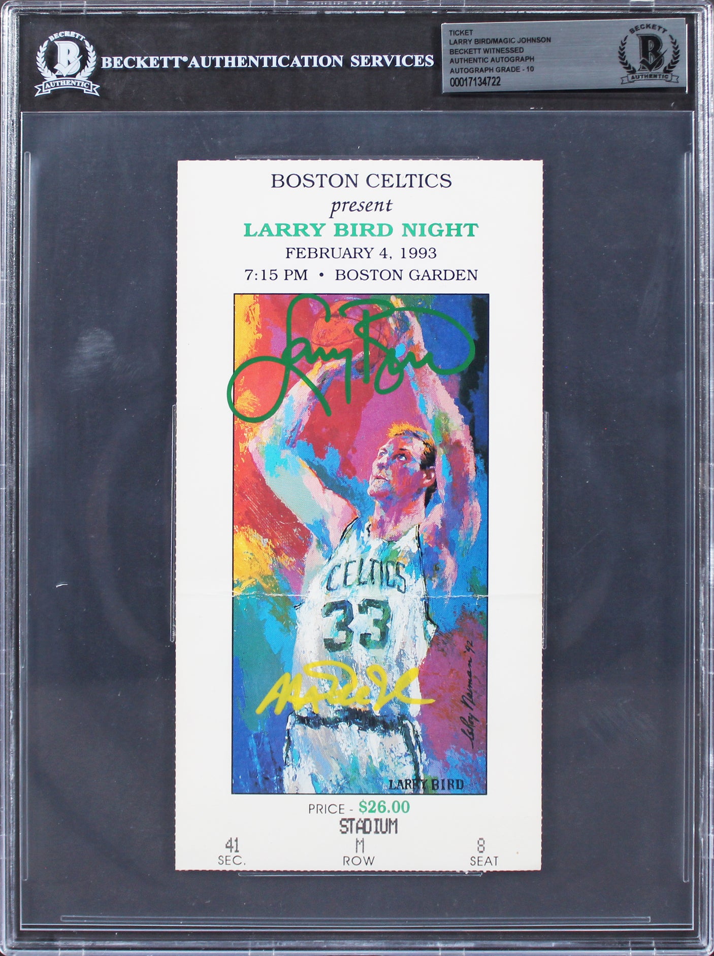 Larry Bird & Magic Johnson Signed Larry Bird Night Ticket Stub Auto 10! BAS Slab