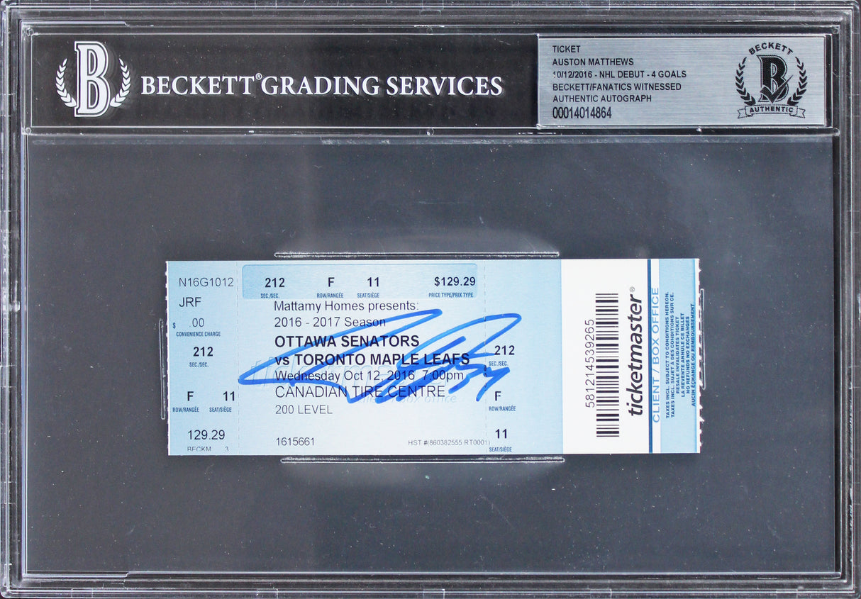 Maple Leafs Auston Matthews Signed 10/12/2016 NHL Debut Ticket Stub BAS Slabbed