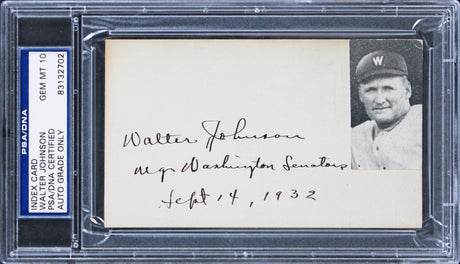 Senators Walter Johnson Signed & Inscribed 3x5 Index Card Auto 10! PSA Slabbed