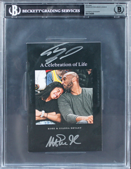 Lakers Shaquille O'Neal & Magic Johnson Signed Kobe Bryant COL Program BAS Slab