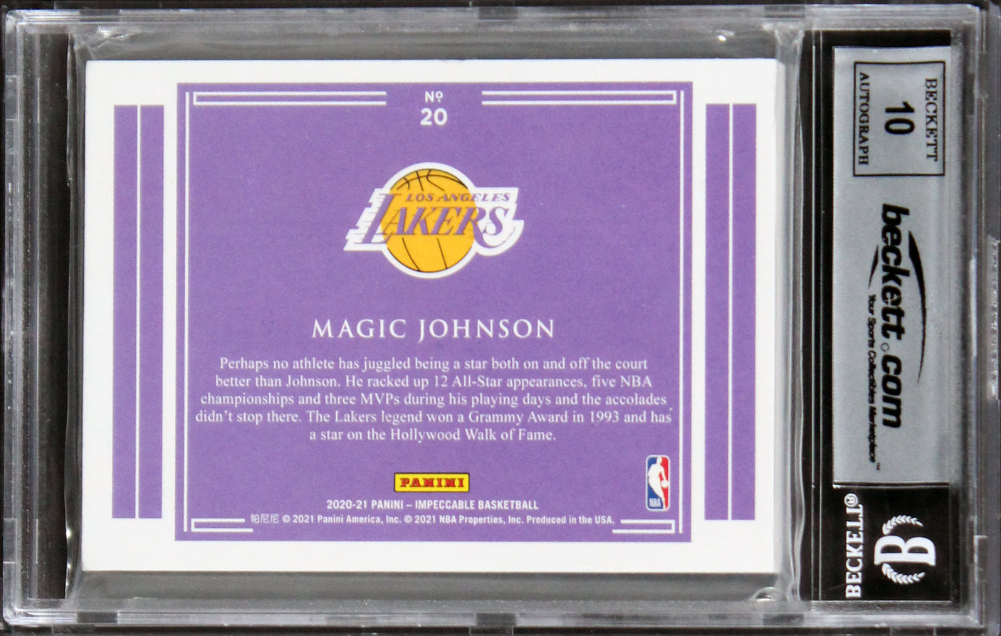 Magic Johnson Signed 2020 Panini Impeccable Silver #15/20 Card Auto 10! BAS Slab