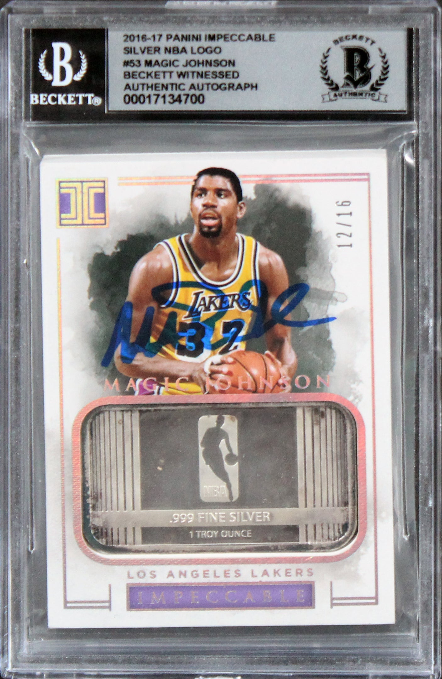 Magic Johnson Signed 2016 Panini Impeccable Silver #53 Card Auto 10! BAS Slabbed