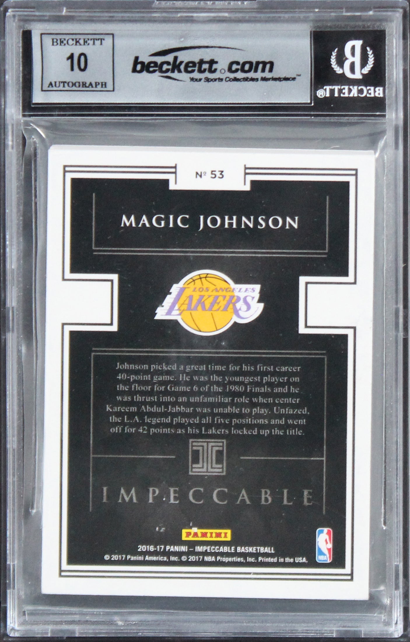 Magic Johnson Signed 2016 Panini Impeccable Silver #53 Card Auto 10! BAS Slabbed