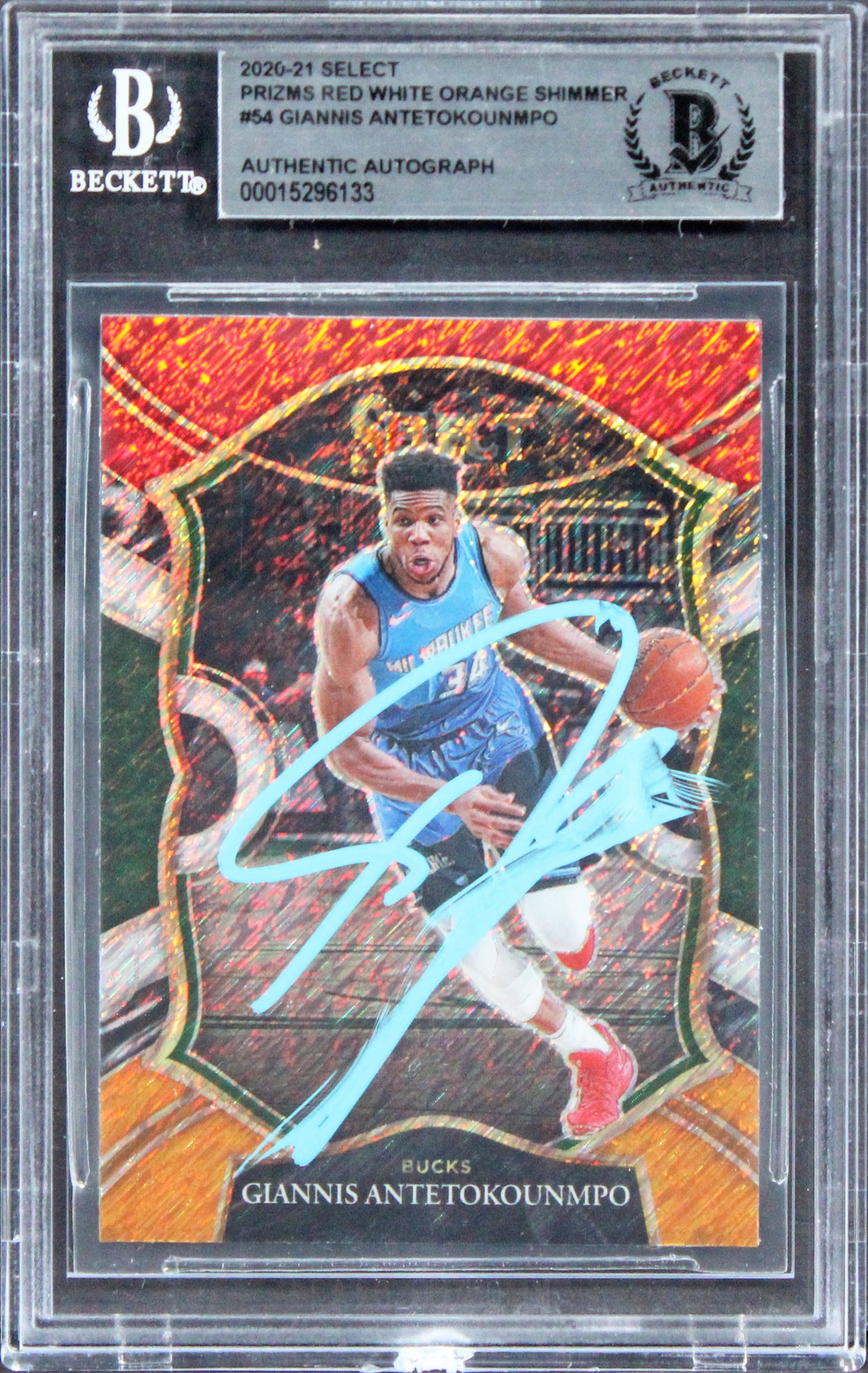 Bucks Giannis Antetokounmpo Signed 2020 Select Prizms #54 Card BAS Slabbed