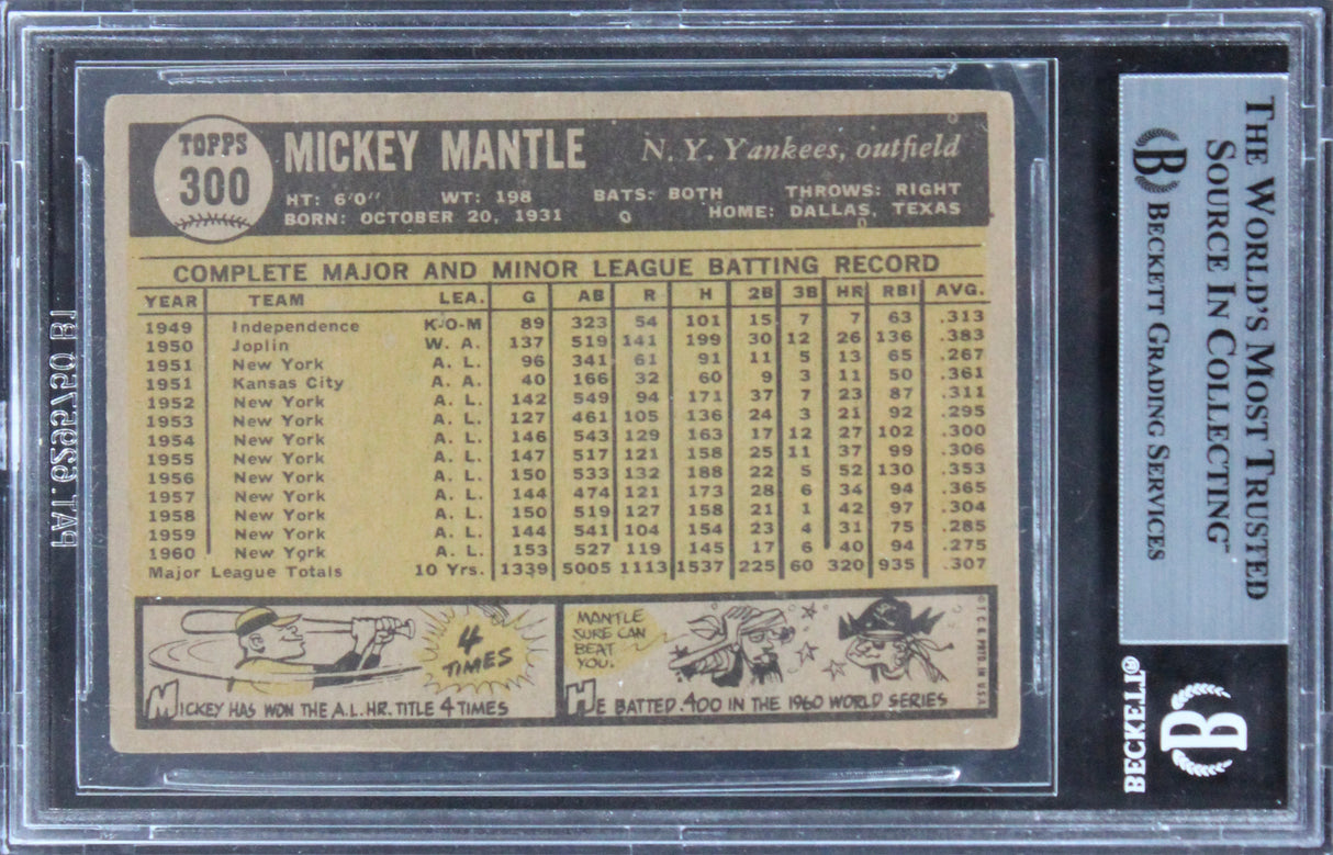 Yankees Mickey Mantle Authentic Signed 1961 Topps #300 Card BAS Slabbed